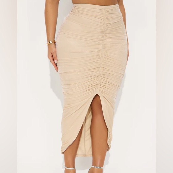 NEW Shimmer Beige Ruched Midi Skirt - Picture 2 of 3